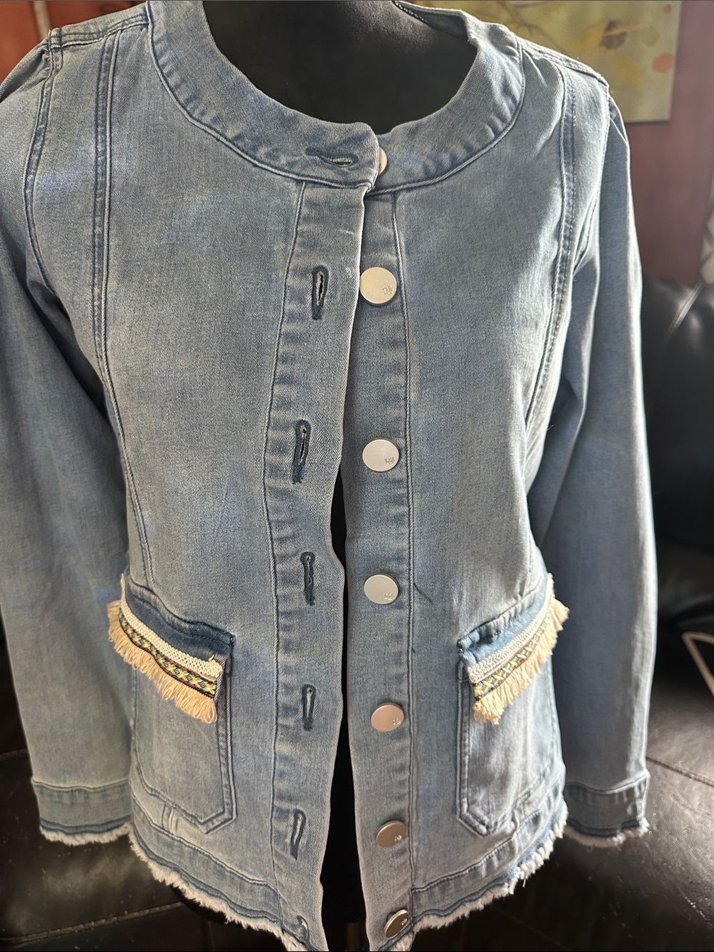 DG2 by Diane Gilman Light Blue Denim Jacket with Fringe Pocket Trim